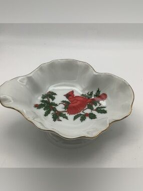 Vintage Lefton China Japan White Bowl with Christmas Cardinal and Holly Design